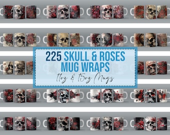 225x Skull & Red Roses PNG Mug Wraps for 11oz 15oz Sublimation Mug Bulk Bundle Downloads PNG Floral Design Digital Mega Skulls Custom Design
