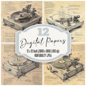 12x platenspeler schets ongewenste dagboekpapier digitaal papier pack afdrukbaar papier hoge kwaliteit jpg's vintage muzikale achtergronden plakboekpapier
