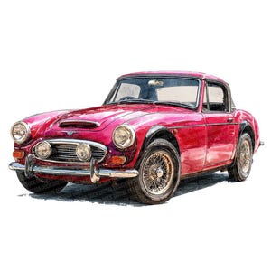 Op de afbeelding: Waterverfillustratie van een klassieke rode sportwagen met chromen accenten. De auto heeft ronde koplampen, een grille en spaakwielen. Het is een vintage model, waarschijnlijk uit het midden van de 20e eeuw.
