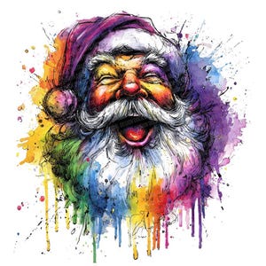 Neon Santa PNG Clipart, 12x Watercolor Christmas Clip Art Set, Printable Holiday Art, Digital Download, Transparent PNG, Santa Face Clipart