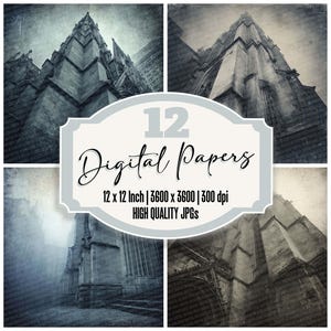 May include: A set of digital papers showcasing four grayscale images of a cathedral's architecture. The images surround a central label with the text "12 Digital Papers", along with size and resolution details. The style is vintage and textured.