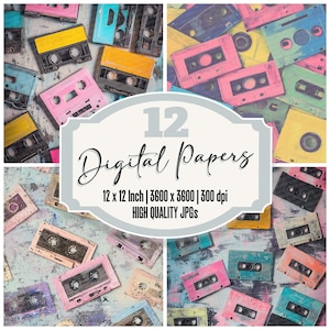 12x Retro Cassette Tape Junk Journal Paper,Vintage Digital Paper Pack,80s Music Aesthetic,High Quality JPGs,Scrapbook Paper,Digital Download