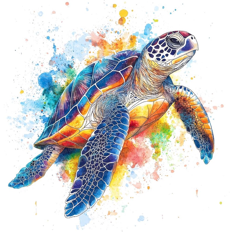 May include: A colourful watercolour painting of a sea turtle with a blue, green and orange shell. The turtle is swimming in a sea of colourful watercolours.