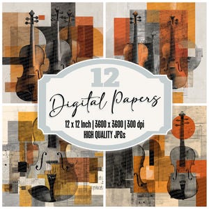 May include: A collection of digital papers showcasing violins in brown, grey, and orange hues. The image includes the text "12 Digital Papers" and details about the size and resolution of the digital files.