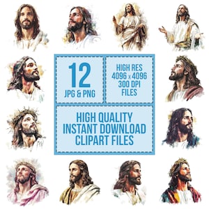 Jesus Christ PNG Clipart, 12x Watercolor Religious Art Clip Art Set ...