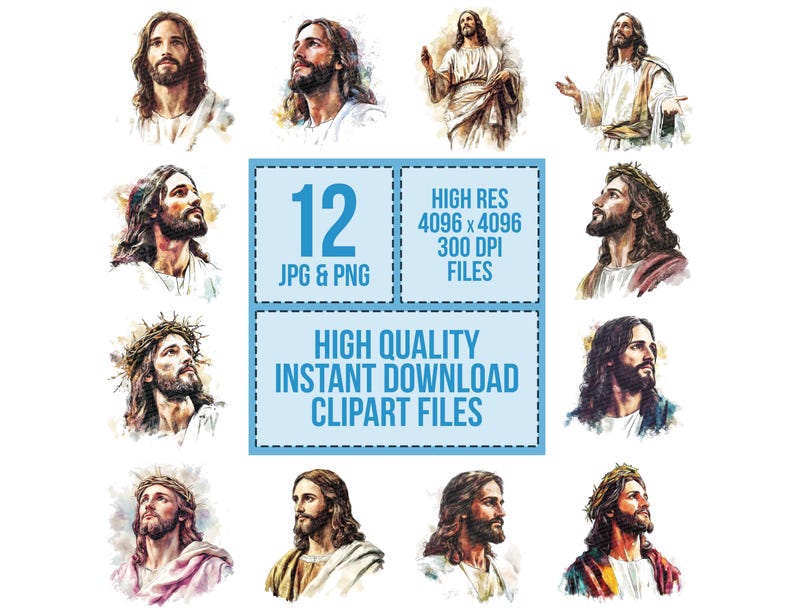Jesus Christ PNG Clipart, 12x Watercolor Religious Art Clip Art Set ...