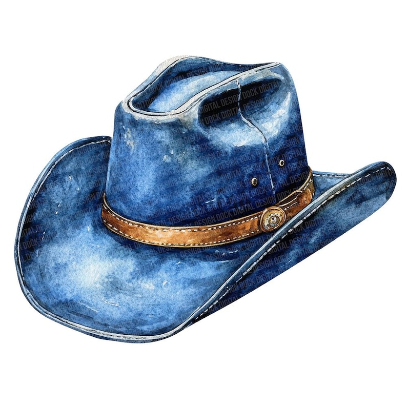 May include: A blue denim cowboy hat with a brown leather band and a metal buckle. The hat has a wide brim and a pointed crown.