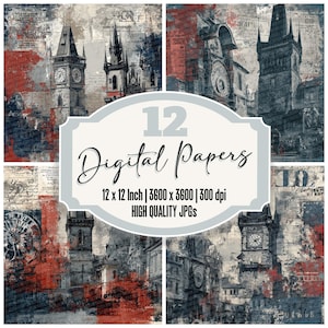 May include: A collage of twelve digital papers featuring architectural illustrations of clock towers and buildings. The artwork is in shades of gray, red, and blue, with a textured, painterly style. The text "12 Digital Papers" is displayed in a decorative font.
