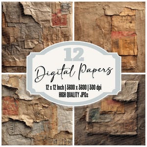 Könnte beinhalten: Eine Collage aus vier digitalen Papieren im Vintage-Stil. Die Papiere weisen zerrissene und verwitterte Texturen in Braun-, Beige- und Grautönen mit roten Akzenten auf. Das Bild enthält den Text "12 Digital Papers" und Papierabmessungen von 30.48 x 30.48 cm.