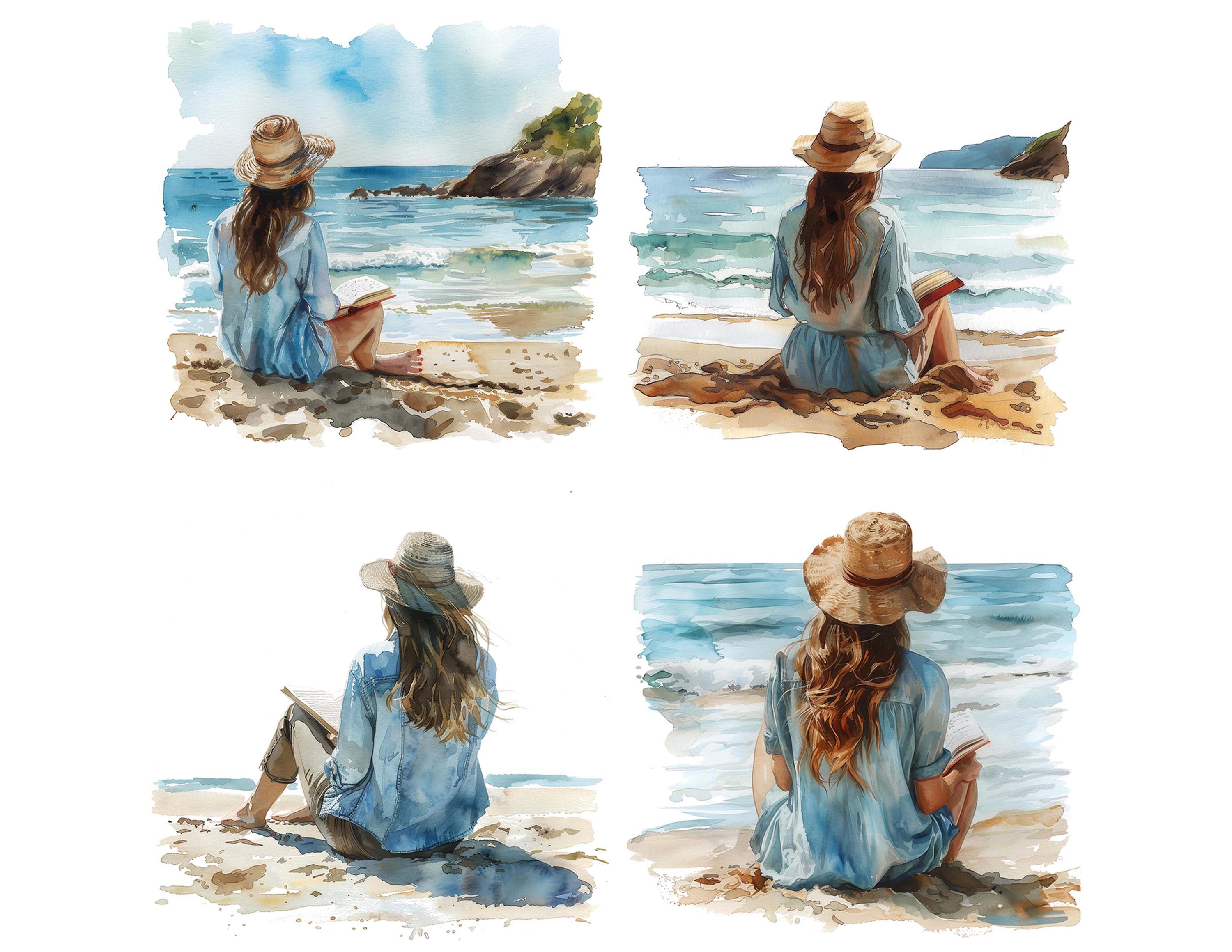 Beach Reading PNG Clipart, 12x Woman Reading on Beach Art Set ...