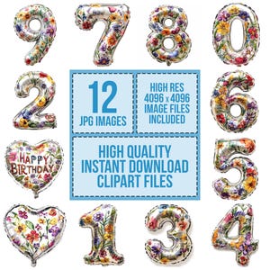 12x Blumenballon Zahlen Clipart, Geburtstag Folienballon Clipart, printable Clipart, hochwertige JPGs, digitaler Download, Partydekoration