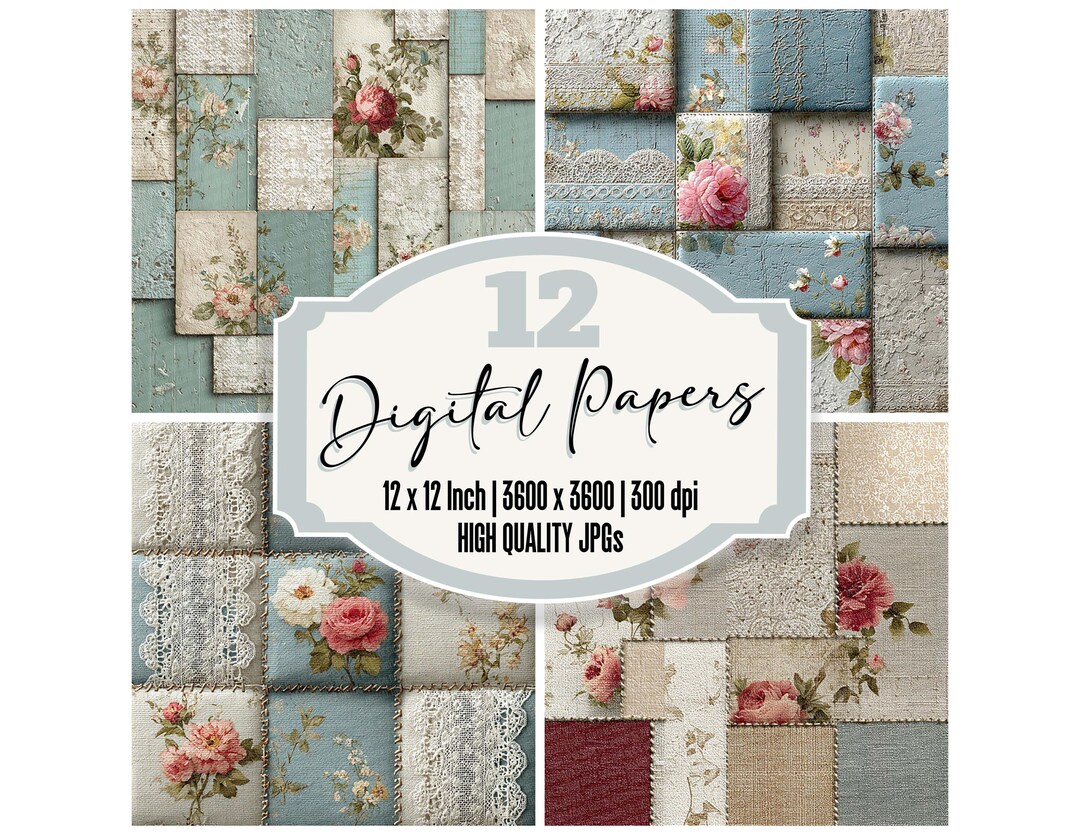 12x Shabby Patchwork Junk Journal Paper Duck Egg Blue Digital Paper ...