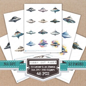May include: Watercolor illustrations of various UFOs on white paper. The image includes multiple sheets of paper with different designs of flying saucers in shades of grey, blue, and gold. The image also includes the text "Fussy Cut Pages" and "48 PCS".