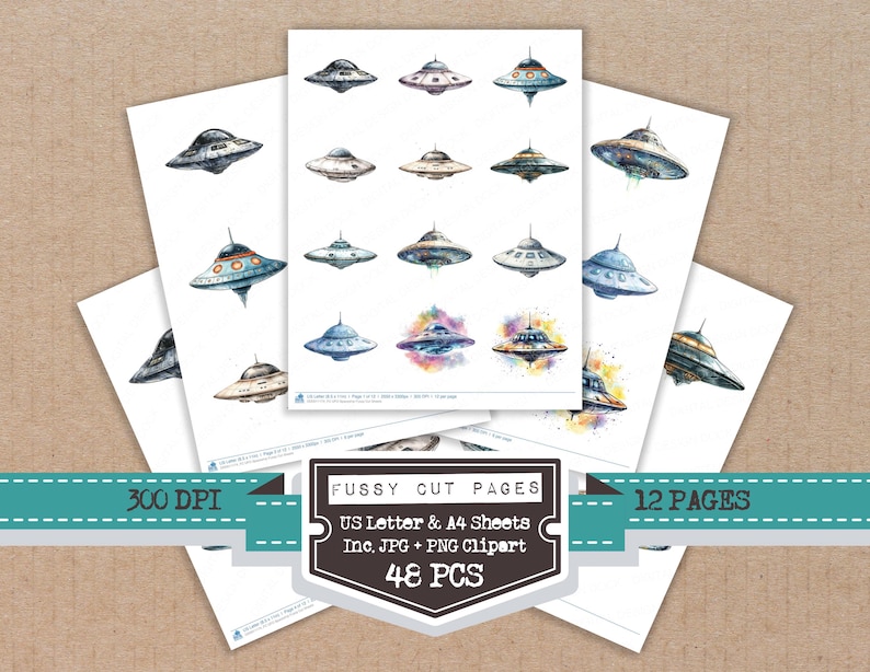 UFO Spaceship Fussy Cut Sheets, 12x Printable Pages, Alien Spacecraft ...