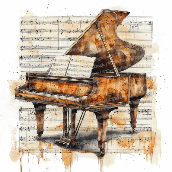 Watercolor Piano Clip Art, 12x Sepia Grand Piano With Music Notes