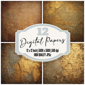 12x Distressed Antique Gold Foil Digital Paper Vintage Junk Journal Paper Cracked Textures Scrapbook Design