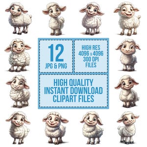 May include: Twelve digital illustrations of cute cartoon lambs in various poses. The lambs are white with black eyes and noses. The images are high resolution and perfect for crafting projects.