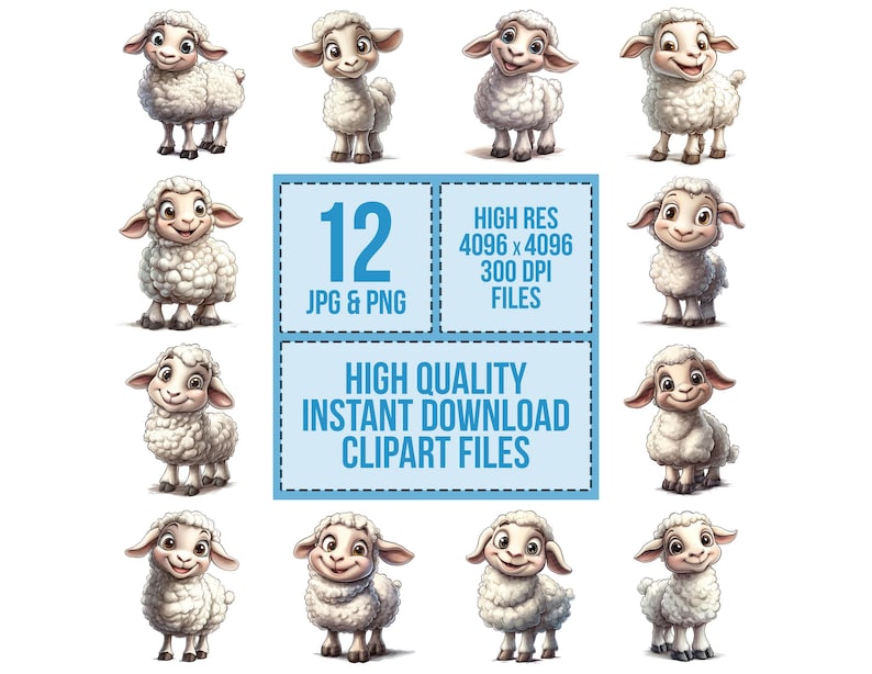 May include: Twelve digital illustrations of cute cartoon lambs in various poses. The lambs are white with black eyes and noses. The images are high resolution and perfect for crafting projects.