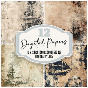 12x Pirate Ships Junk Journal Paper, Distressed Nautical Digital Paper Pack, Grunge Ocean Background, High Quality JPGs, Scrapbook Paper
