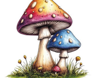 Mushroom PNG Clipart, 12x Fantasy Toadstool Clip Art Set, Printable Watercolor Clip Art, Paper Crafts, Digital Download, Junk Journal Bundle