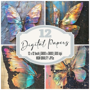 12 x Cyber Chitin Junk Journal Paper Pack de papier numérique Papillon irisé JPG de haute qualité, Texture d'éclats, arrière-plan de scrapbooking futuriste