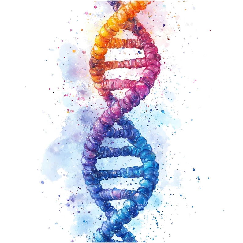 May include: A watercolor illustration of a colorful DNA double helix, with a blue, purple, pink, orange, and yellow color scheme. The background is a light blue watercolor wash with white speckles.