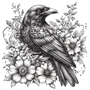 May include: A black and white illustration of a raven perched on a bed of delicate flowers. The raven has intricate details and a sharp beak. The flowers are in full bloom and have a variety of shapes and sizes.