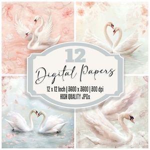 12x cygnes blancs plumes papier journal indésirable paquet de papier numérique arrière-plans romantiques haute qualité JPG papier imprimable scrapbooking