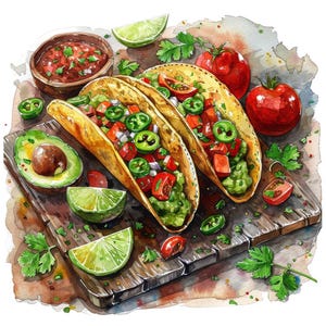 Taco PNG Clipart, 12x Mexican Food Clip Art Set, Printable Watercolor Taco Clipart, Transparent PNG, Digital Download, Fiesta Party Decor image 10