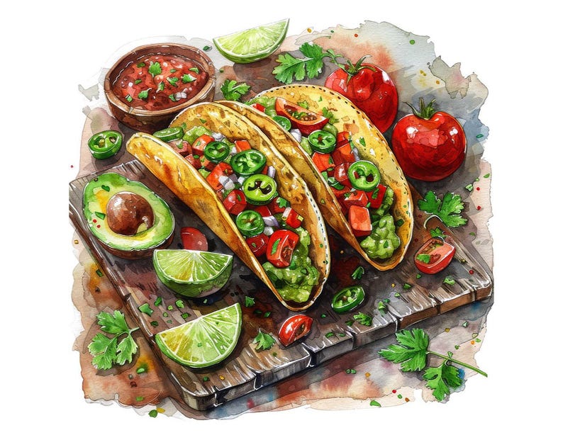 Taco PNG Clipart, 12x Mexican Food Clip Art Set, Printable Watercolor Taco Clipart, Transparent PNG, Digital Download, Fiesta Party Decor image 10