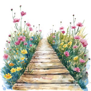 Floral Boardwalk PNG-clipart, 12 x aquarel pad set, afdrukbare tuinwandeling illustraties, transparante achtergrond, digitale download