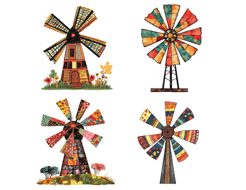 Windmill PNG Clipart, 12x Patchwork Windmill Illustrations, Printable ...