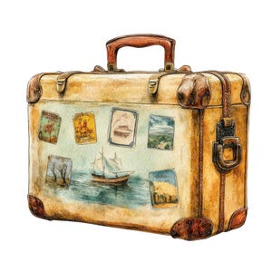 Maleta vintage PNG Clipart, 12 ilustraciones de viajes en acuarela, conjunto de imágenes prediseñadas imprimibles, descarga digital, manualidades de papel, paquete de diario basura