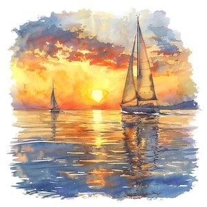 Sailboat Sunset Clipart, 12x Ocean Sail Clip Art Set, Printable Watercolor Art, Digital Download, Transparent Background PNG, Paper Crafts