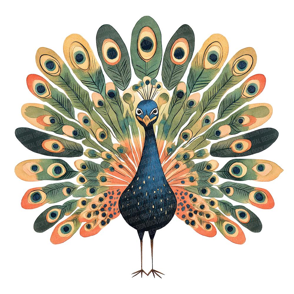 Peacock PNG Clip Art, 12x Folk Art Front Facing Peacock Clipart