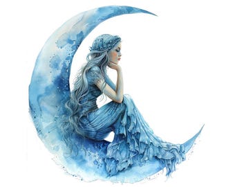 Moon Fairy Clipart, 12x Celestial Fantasy Clip Art Set, Printable Watercolor Moon Girl Clipart, Transparent PNG, Digital Download, Star Art