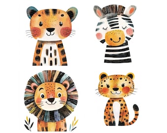 May include: Four watercolour illustrations of animals: a brown and orange leopard, a black and white zebra, a brown and orange lion with a blue mane, and a brown and orange cheetah.