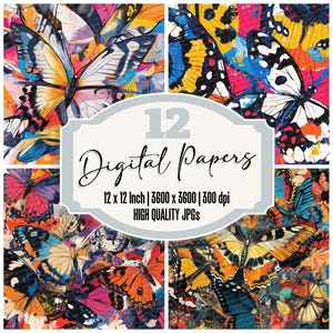 12x Schmetterling Junk Journal Papier Psychedelic Digitales Papier Pack Collage Stil Hochwertige JPGs Scrapbook Papier Printable Download