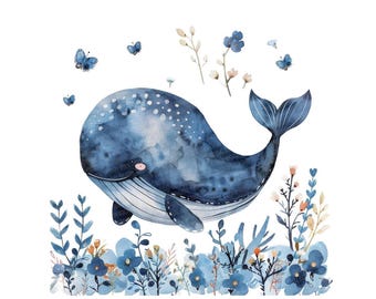 Nursery Whale PNG Clipart, 12x Baby Whale Clip Art Set, Printable Watercolor Art, Transparent PNG, Digital Download, Ocean Animal Clipart