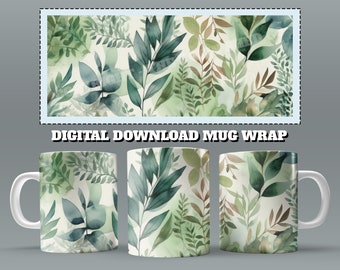 Botanical Leaves Mug Wrap, 11oz & 15 Oz Mug Sublimation Design, Watercolor Mug Wrap, Flowers Mug Sublimation, 11oz Mug Png, 15oz Mug PNG