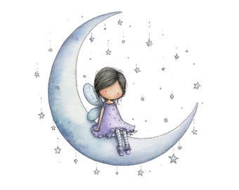 Fairy Crescent Moon PNG Clipart, 12x Watercolor Moon Fairy Clip Art Set, Printable Magical Clip Art, JPG Digital Download, Transparent PNG