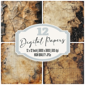 12x Aged Map Scraps Junk Journal Paper, Vintage Treasure Map Digital Paper Pack, Distressed Cartography Backgrounds, High Quality JPGs