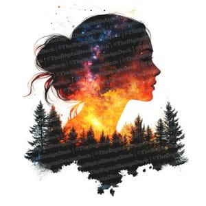 Vrouw Galaxy silhouet illustraties, 12 x dubbele belichting clipart set, afdrukbare aquarel illustraties, papier ambachten, digitale download, Sterrennacht