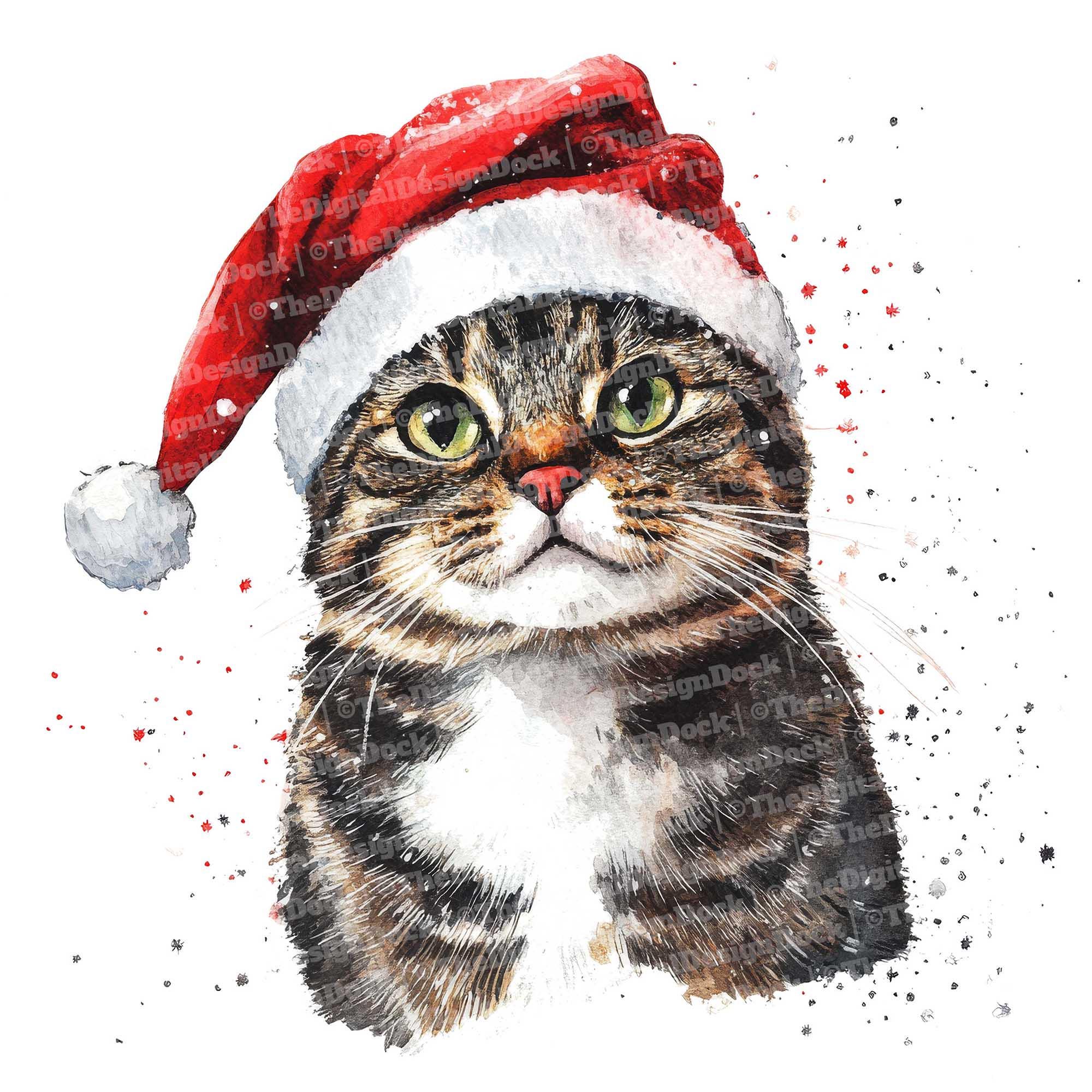 クリスマス猫のクリップアート、12 枚のサンタ猫の水彩クリップアート