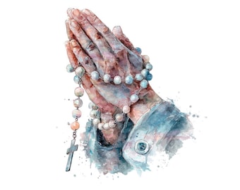 Praying Hands with Rosary PNG Clipart, 12x Watercolor Prayer Hands Art Set,Religious Faith Art, Digital Download, Transparent Background PNG