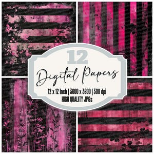 12x carta da giornale a strisce rosa acceso e nere, confezione di carta digitale floreale grunge, sfondi gotici, JPG di alta qualità, stampabile per album