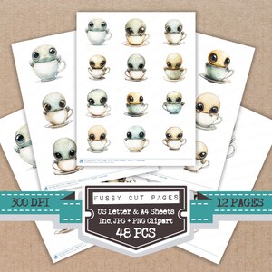 Puede incluir: Hojas de papel con ilustraciones en acuarela de adorables criaturas alienígenas en tazas de té. Las imágenes son de varios colores, incluyendo azul, amarillo y marrón. El texto en la imagen dice "Fussy Cut Pages", "US Letter & A4 Sheets", "Inc. JPG + PNG Clipart", "48 PCS", "12 PAGES" y "300 DPI".