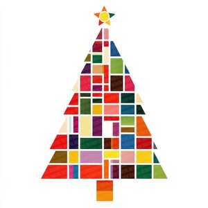 May include: A vibrant Christmas tree illustration made up of multi-coloured geometric shapes. The tree features a star at the top and a trunk at the base. The design incorporates text that reads "DIGITAL DESIGN DOCK". The colour palette includes red, green, and yellow.