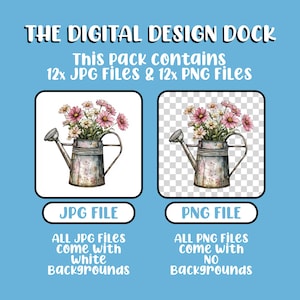 K&ouml;nnte beinhalten: Digitales Design-Paket mit einer Aquarell-Illustration von Blumen in einer Gie&szlig;kanne. Das Bild zeigt eine JPG-Datei mit wei&szlig;em Hintergrund und eine PNG-Datei ohne Hintergrund. Der Text lautet "THE DIGITAL DESIGN DOCK".