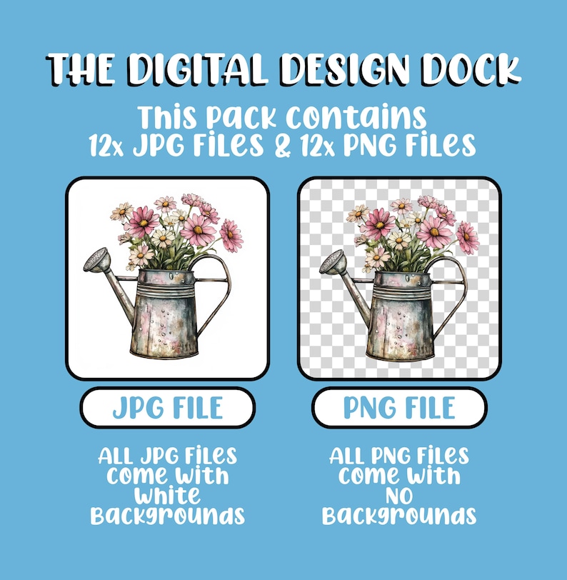 K&ouml;nnte beinhalten: Digitales Design-Paket mit einer Aquarell-Illustration von Blumen in einer Gie&szlig;kanne. Das Bild zeigt eine JPG-Datei mit wei&szlig;em Hintergrund und eine PNG-Datei ohne Hintergrund. Der Text lautet "THE DIGITAL DESIGN DOCK".